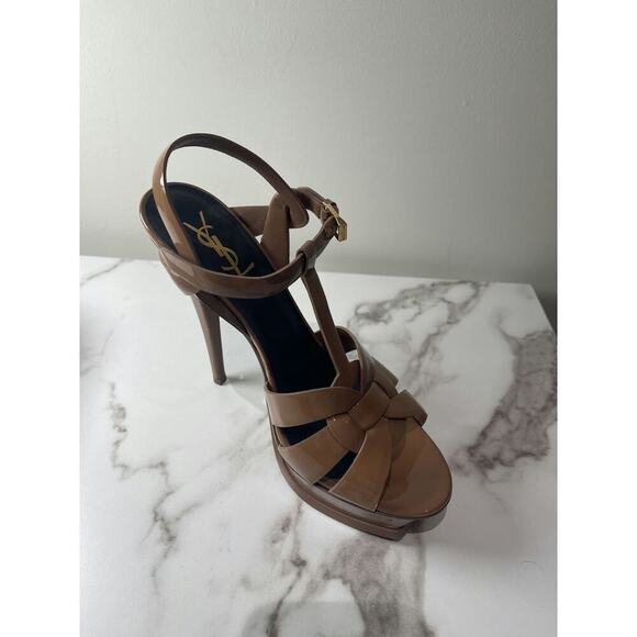Valentino Garavani Shoes - Saint Laurent Brown Patent Leather Tribute Platform Sandals